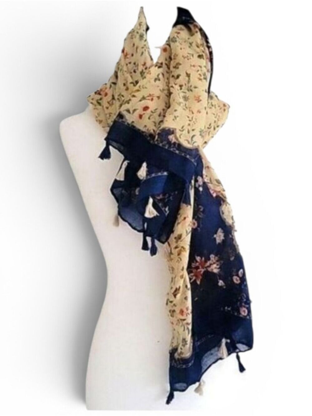 Cream Navy Floral Shawl Neck Wrap Beach Coverup